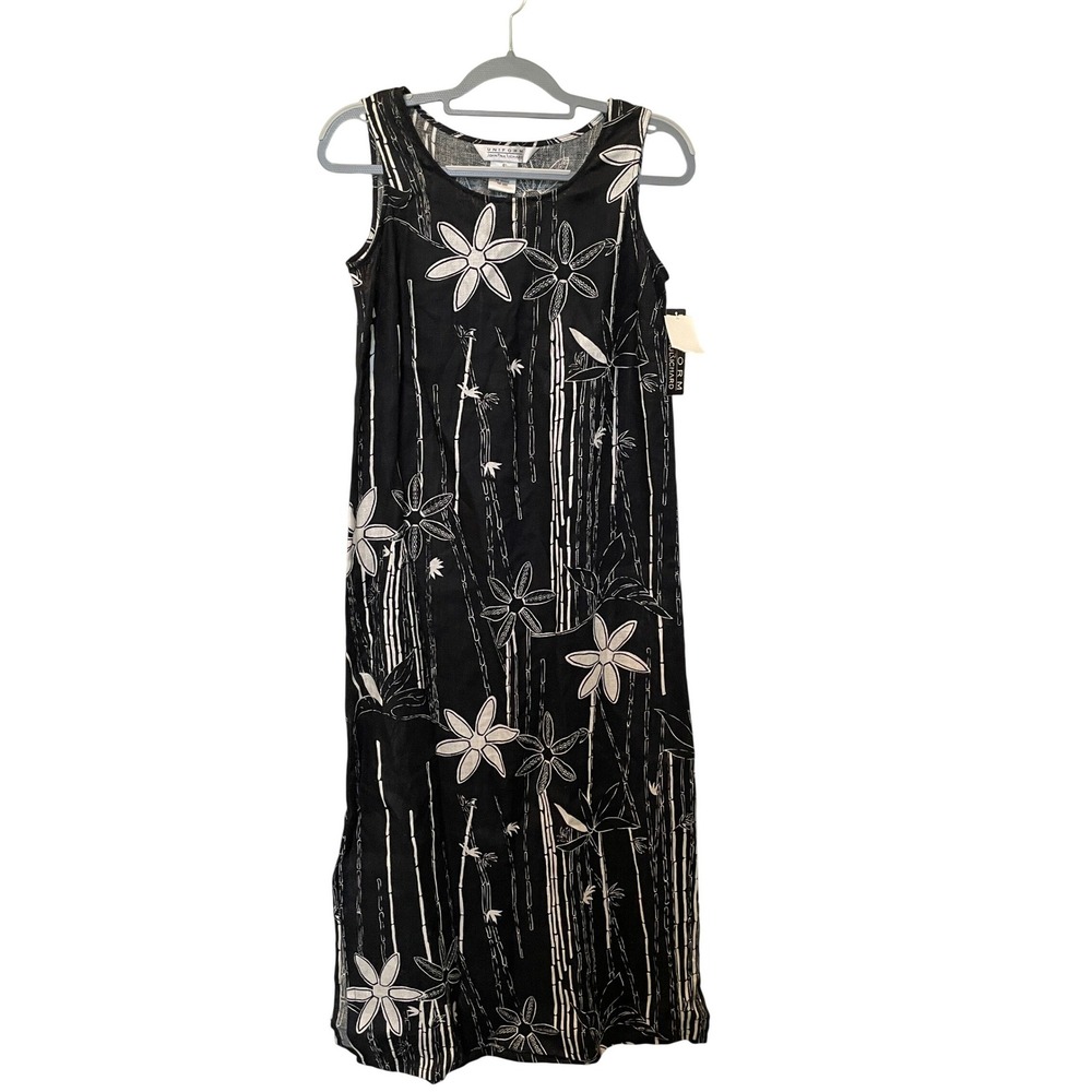 Uniform John Paul Richard Small Black White Floral 100% Linen Midi Dress Resort